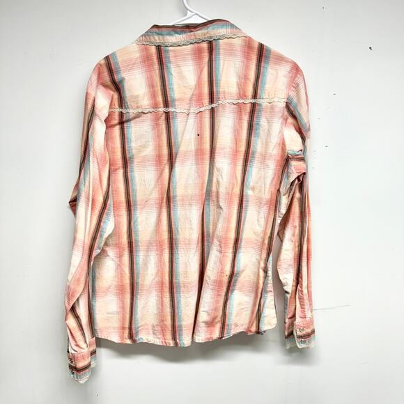 Wrangler Pearl Snap Button Front Lace Accent Plaid Collared Western Shirt XL - Picture 3 of 3